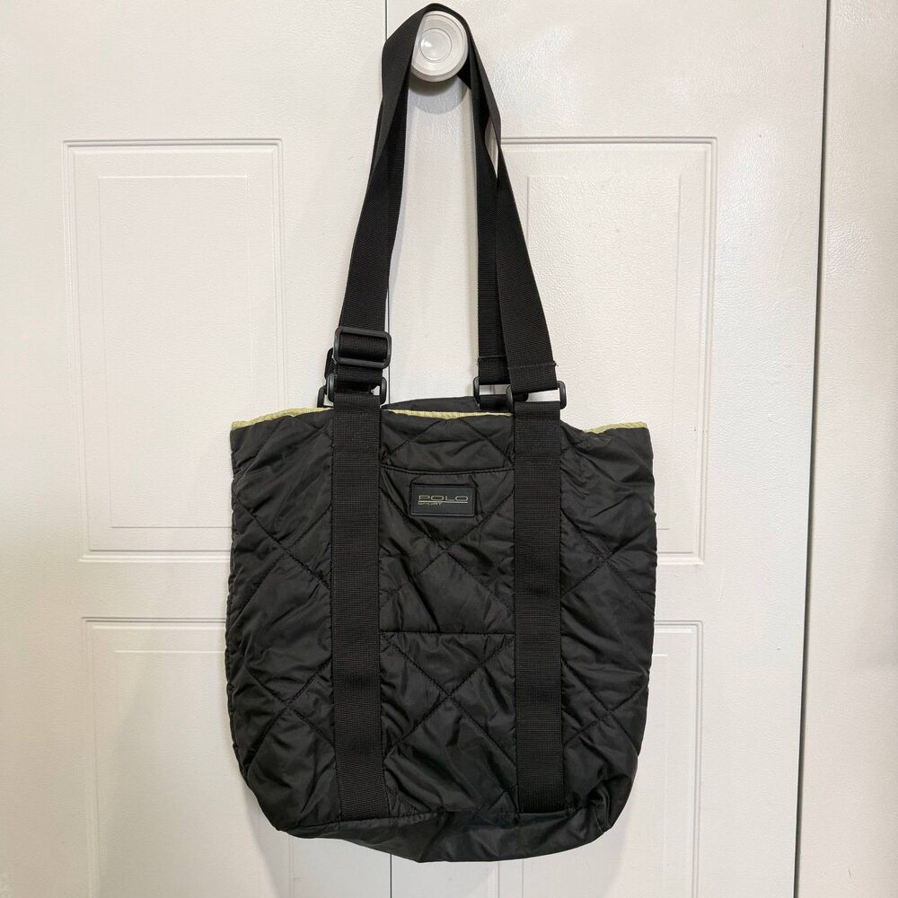Polo Sport Ralph Lauren Black Quilted Nylon Tote Bag Adjustable Straps Y2K